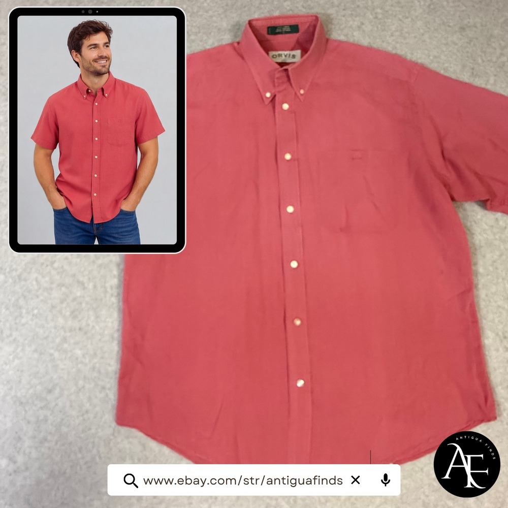 Orvis Mens Linen Cotton Short Sleeve Button Down Shirt Pink Large RN70534